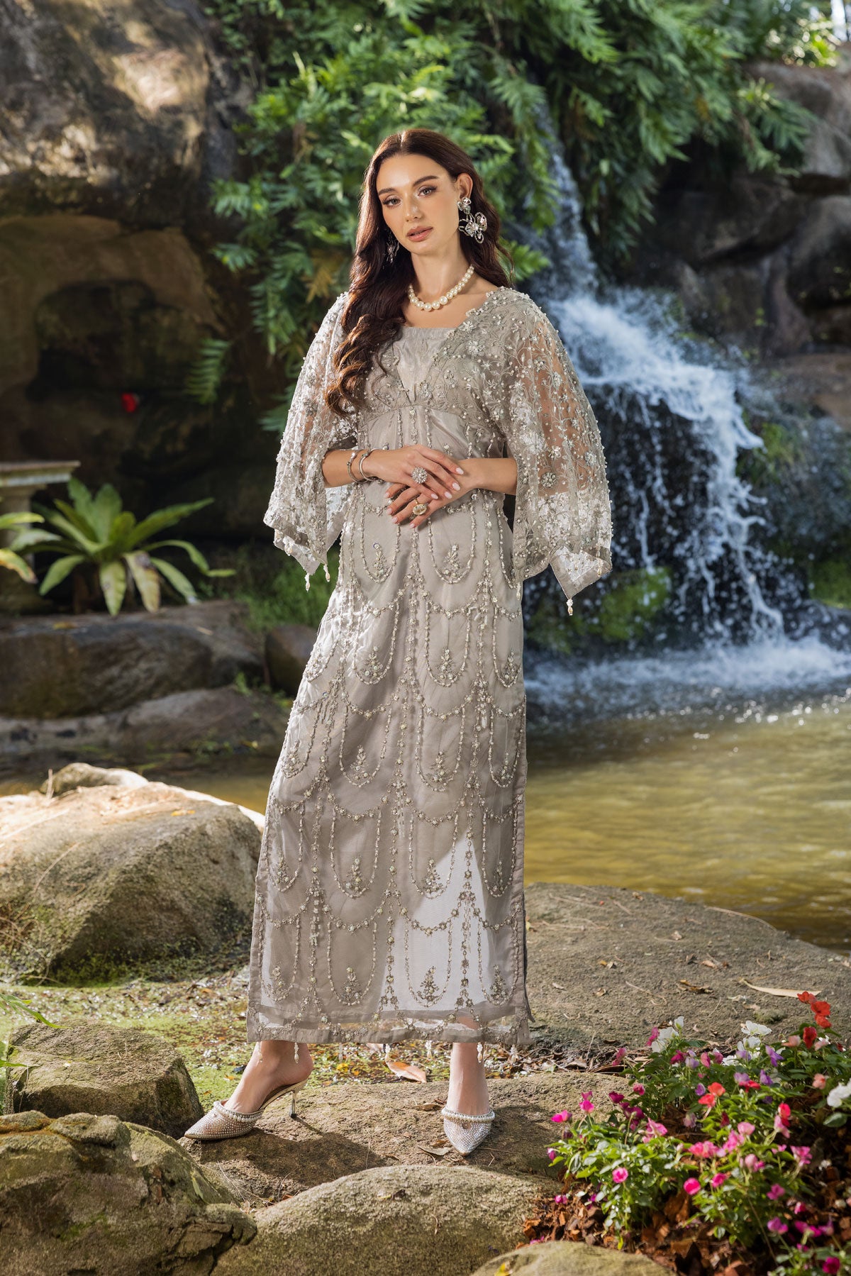 Dazzling Silver Grey Embellished Maxi Dress Al Janat | Complete Family E-Store Dazzling Silver Grey Embellished Maxi Dress Al Janat | Complete Family E-Store
