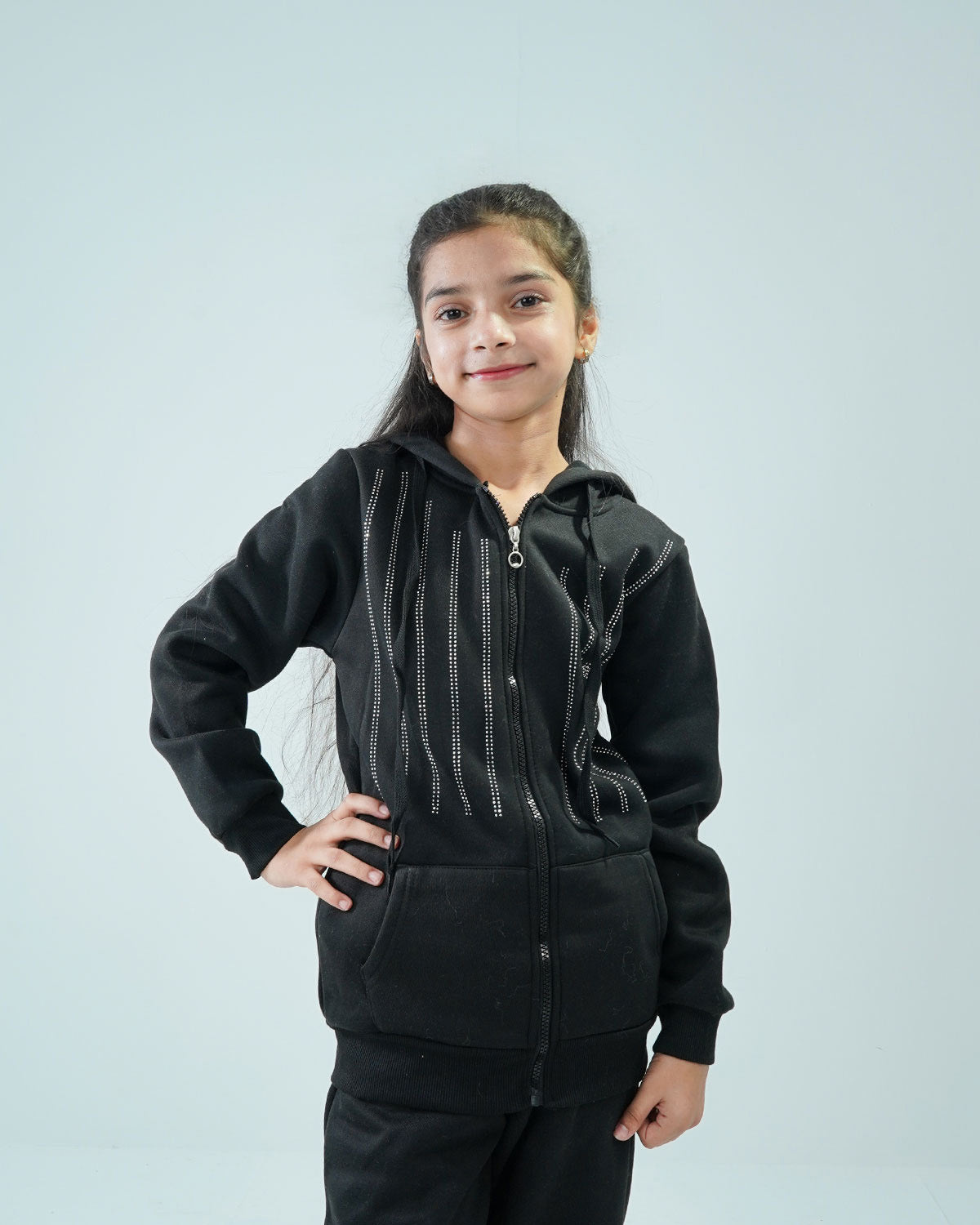 Girls' Black Embroidered Hoodie Tracksuit