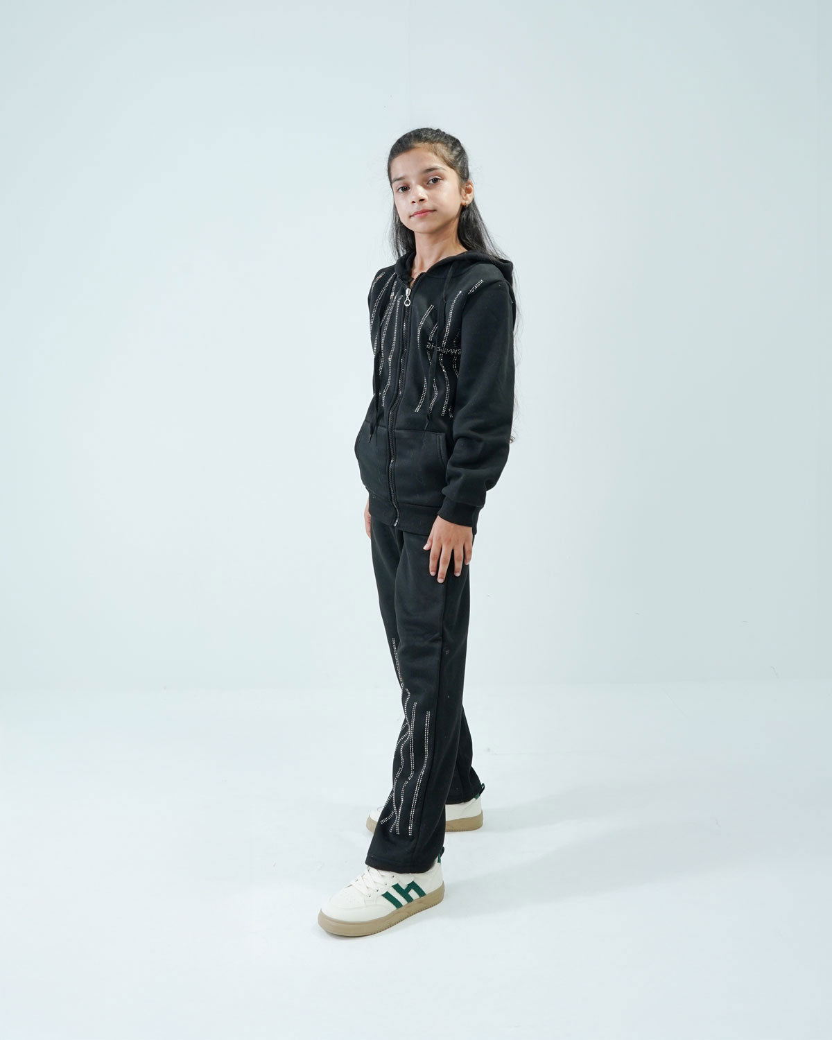 Girls' Black Embroidered Hoodie Tracksuit