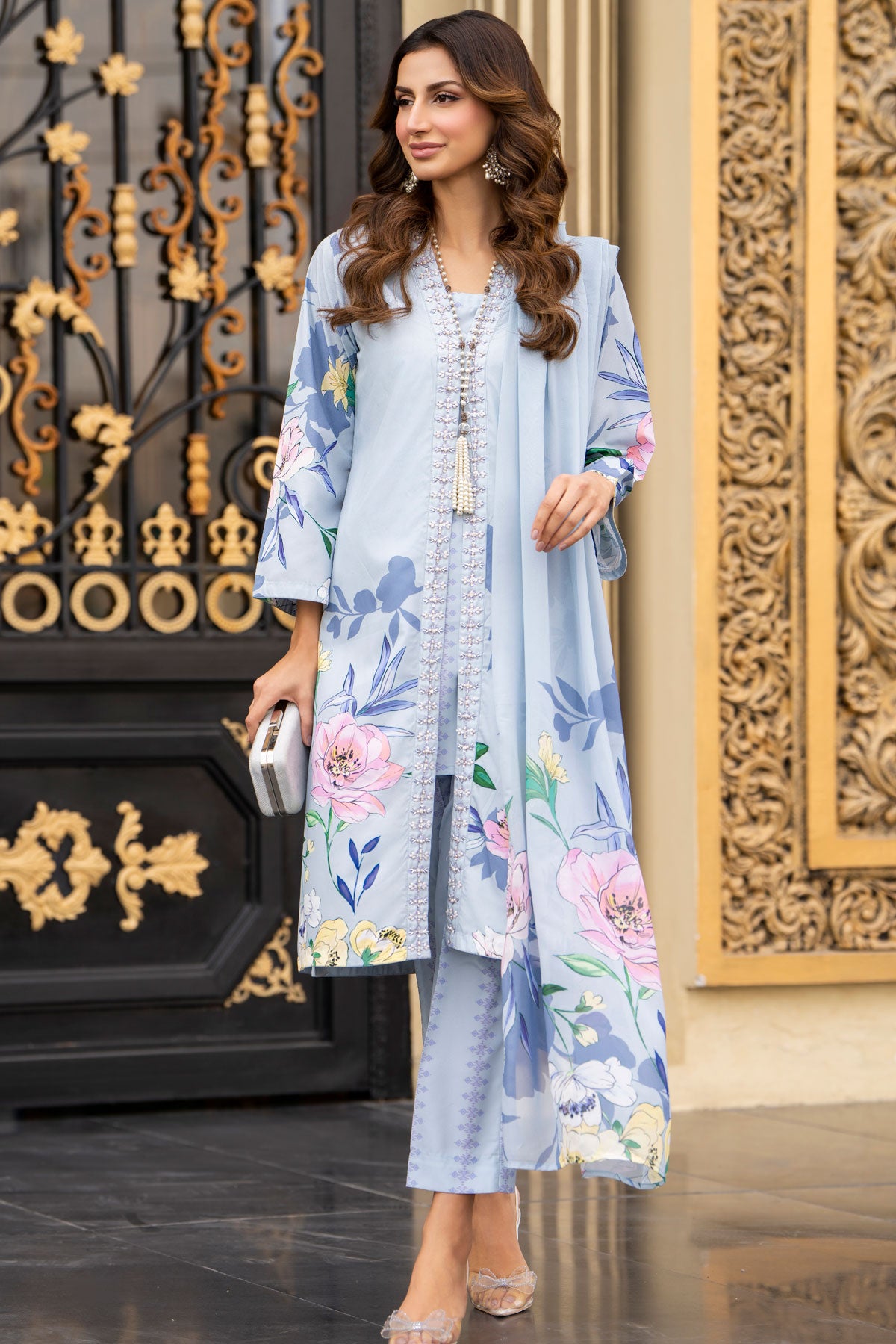 Elegant Sky Blue Floral Printed Lawn Suit