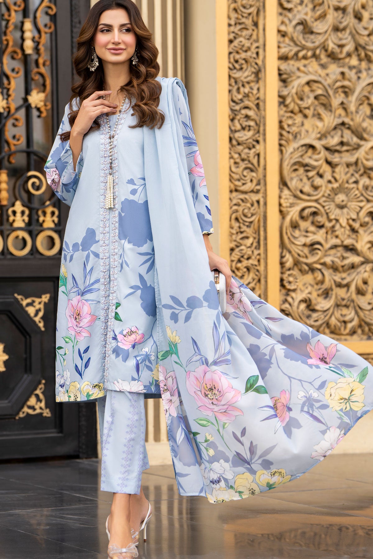 Elegant Sky Blue Floral Printed Lawn Suit