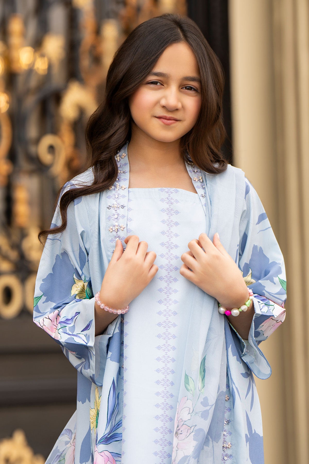 Kids' Stylish Blue Floral Jacket Suit