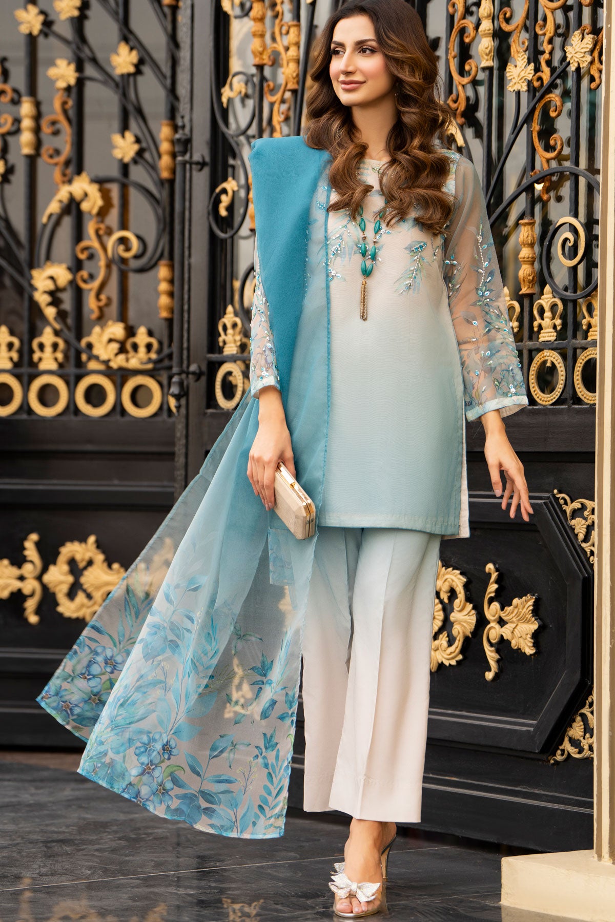 Ethereal Blue & White Embroidered Organza Suit