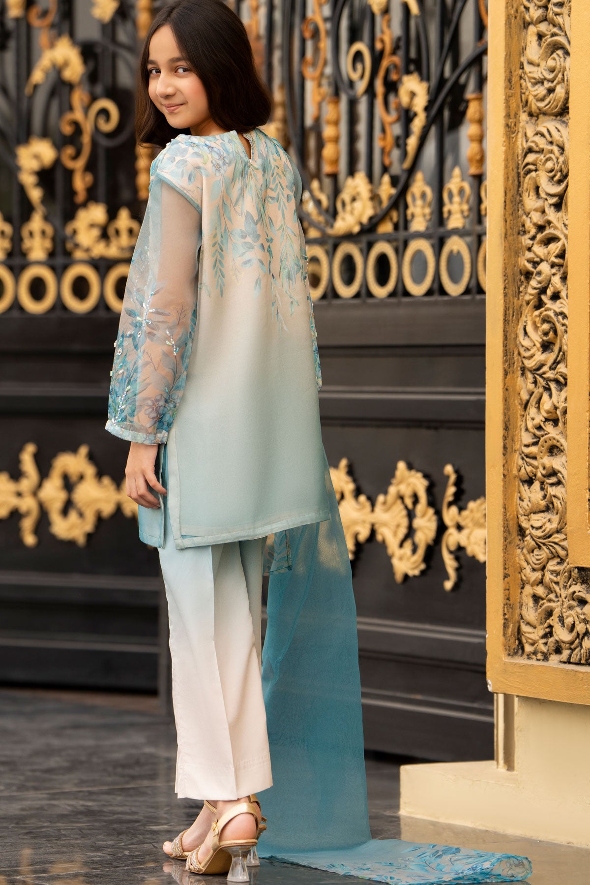 Kids' Elegant Blue & White Embroidered Organza Suit