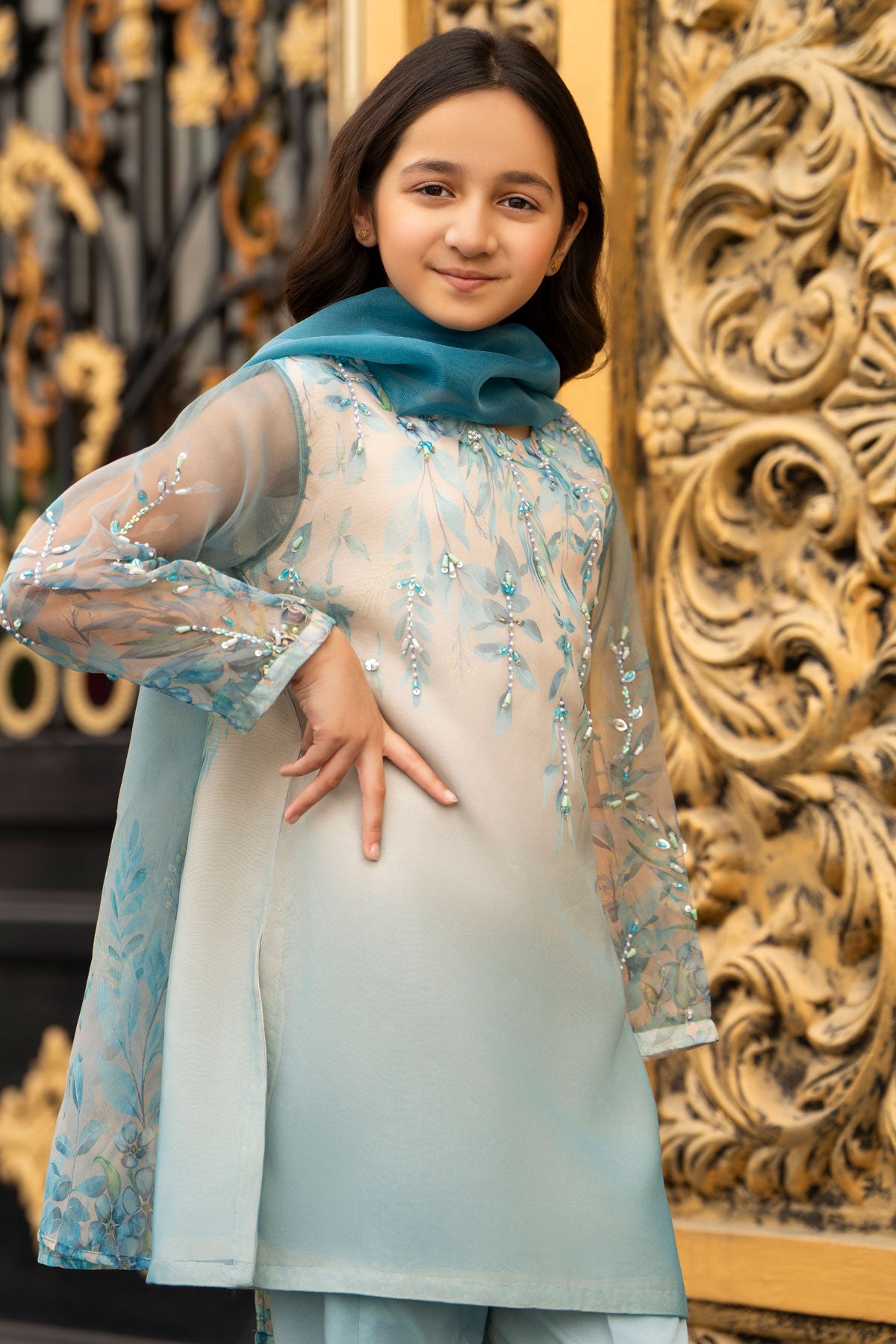 Kids' Elegant Blue & White Embroidered Organza Suit
