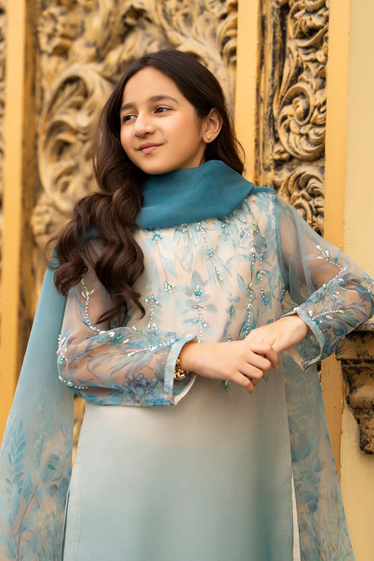 Kids' Elegant Blue & White Embroidered Organza Suit