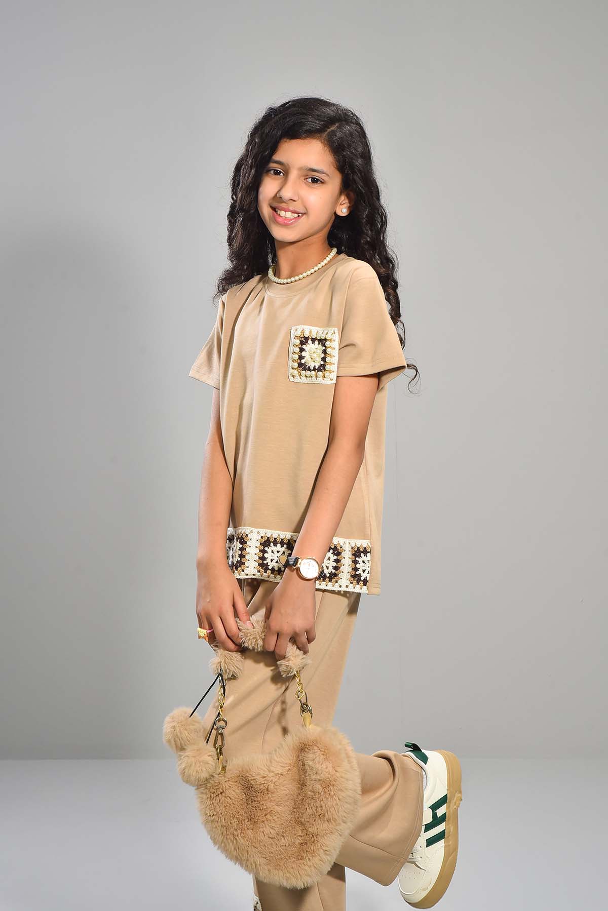 Girls’ Beige Crochet Accent Co-Ord Set