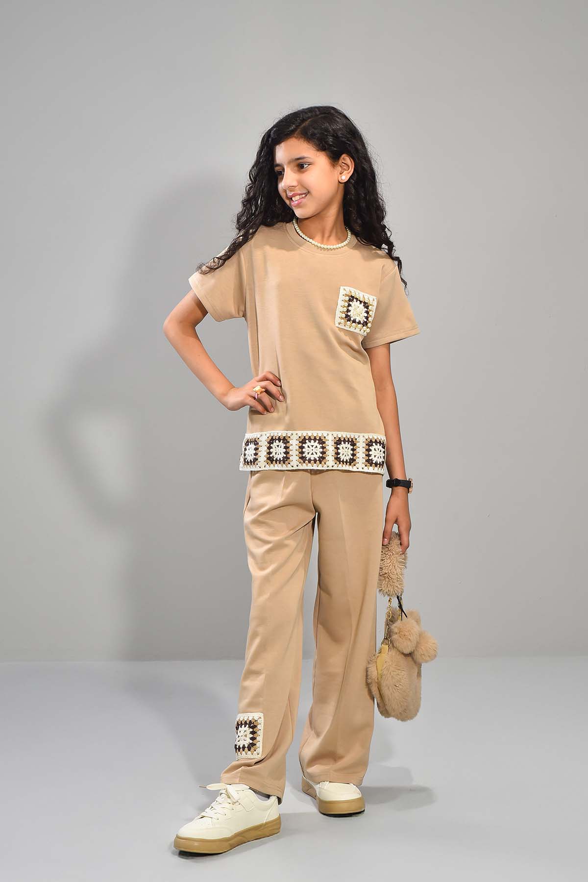 Girls’ Beige Crochet Accent Co-Ord Set