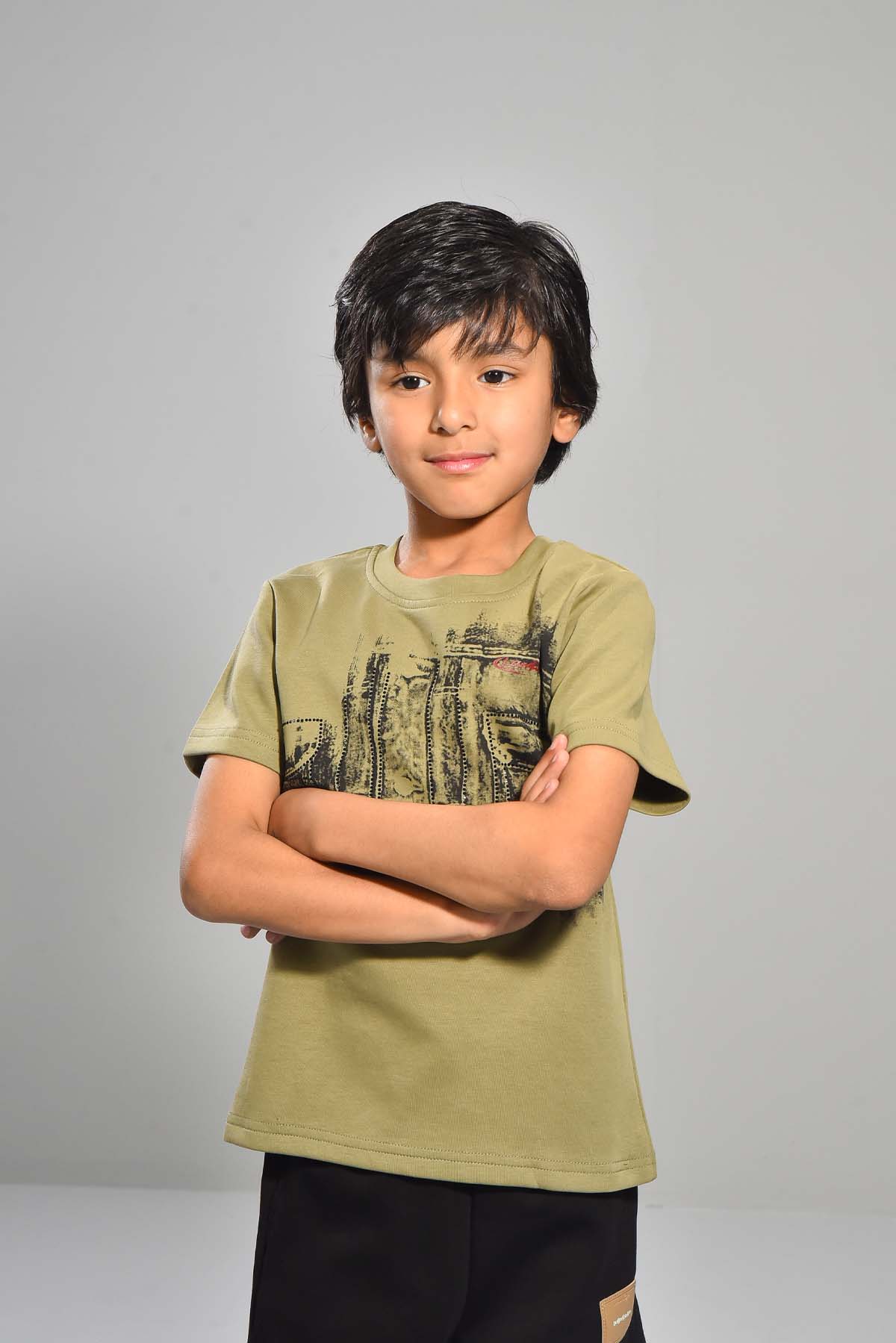 Boys’ Olive Printed Tee & Black Shorts Set