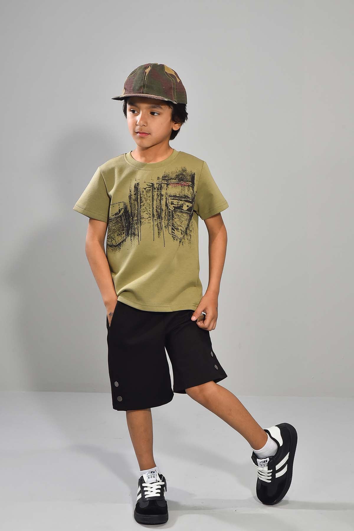 Boys’ Olive Printed Tee & Black Shorts Set