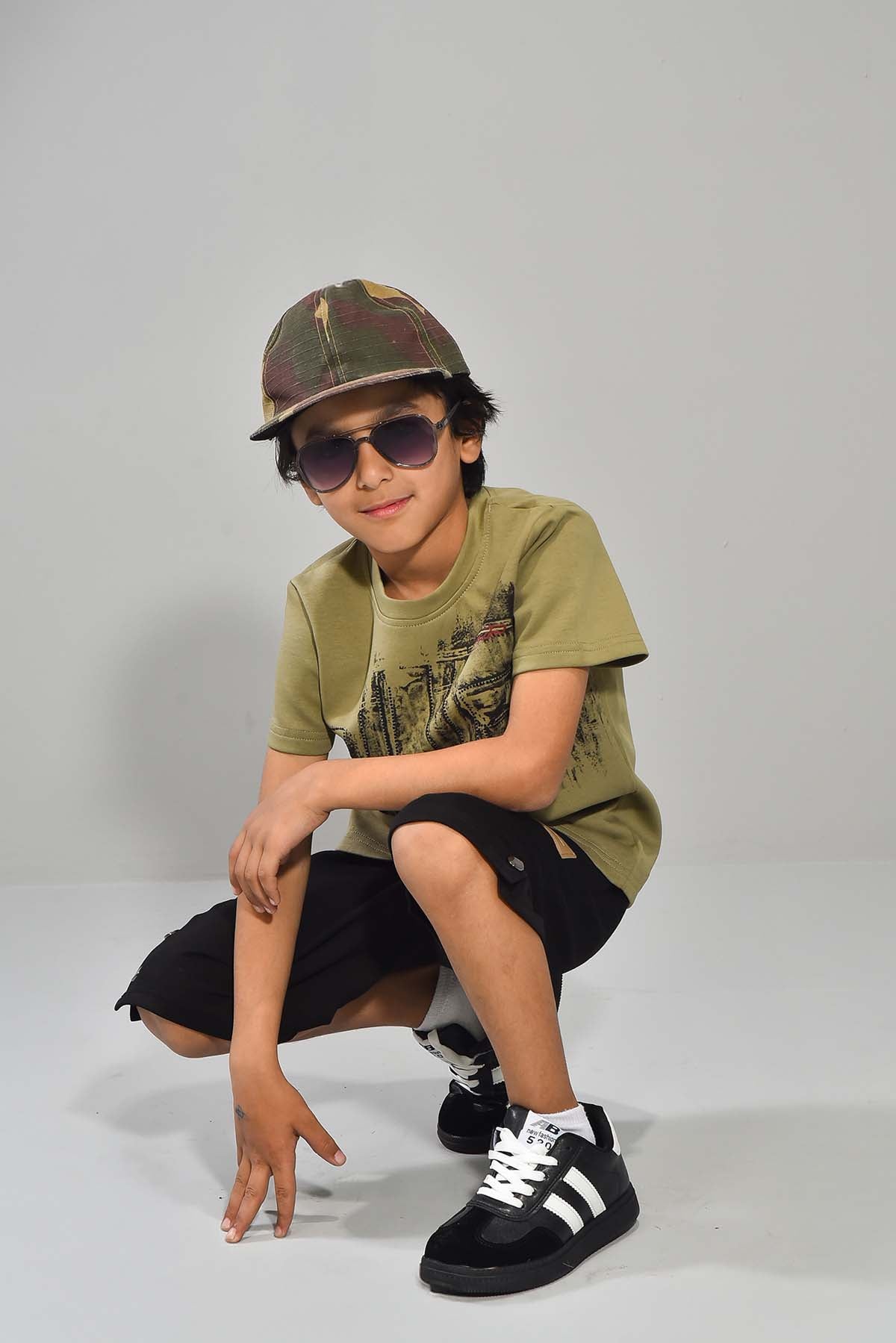 Boys’ Olive Printed Tee & Black Shorts Set