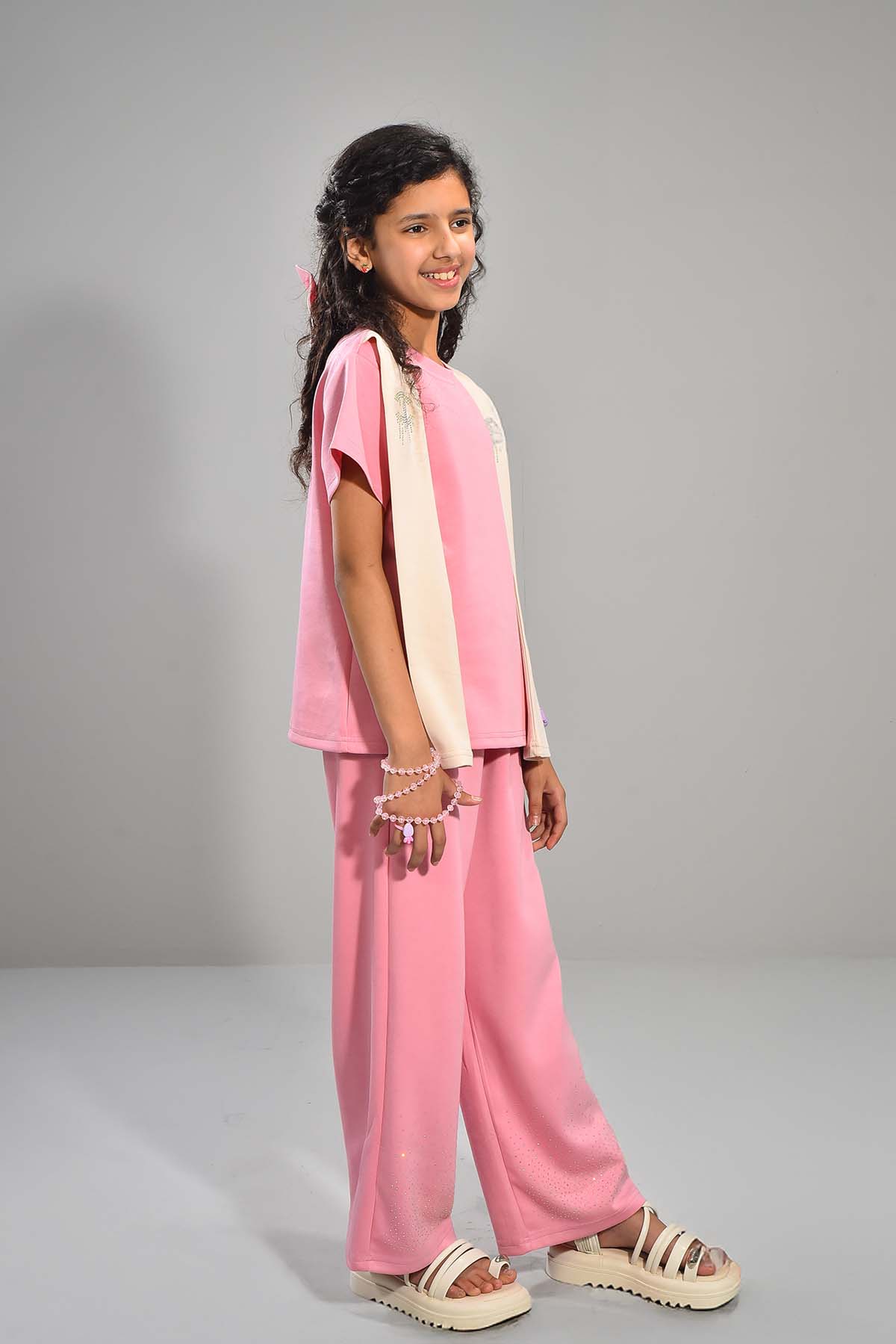 Girls Pink Co-ord Set with Beige Scarf