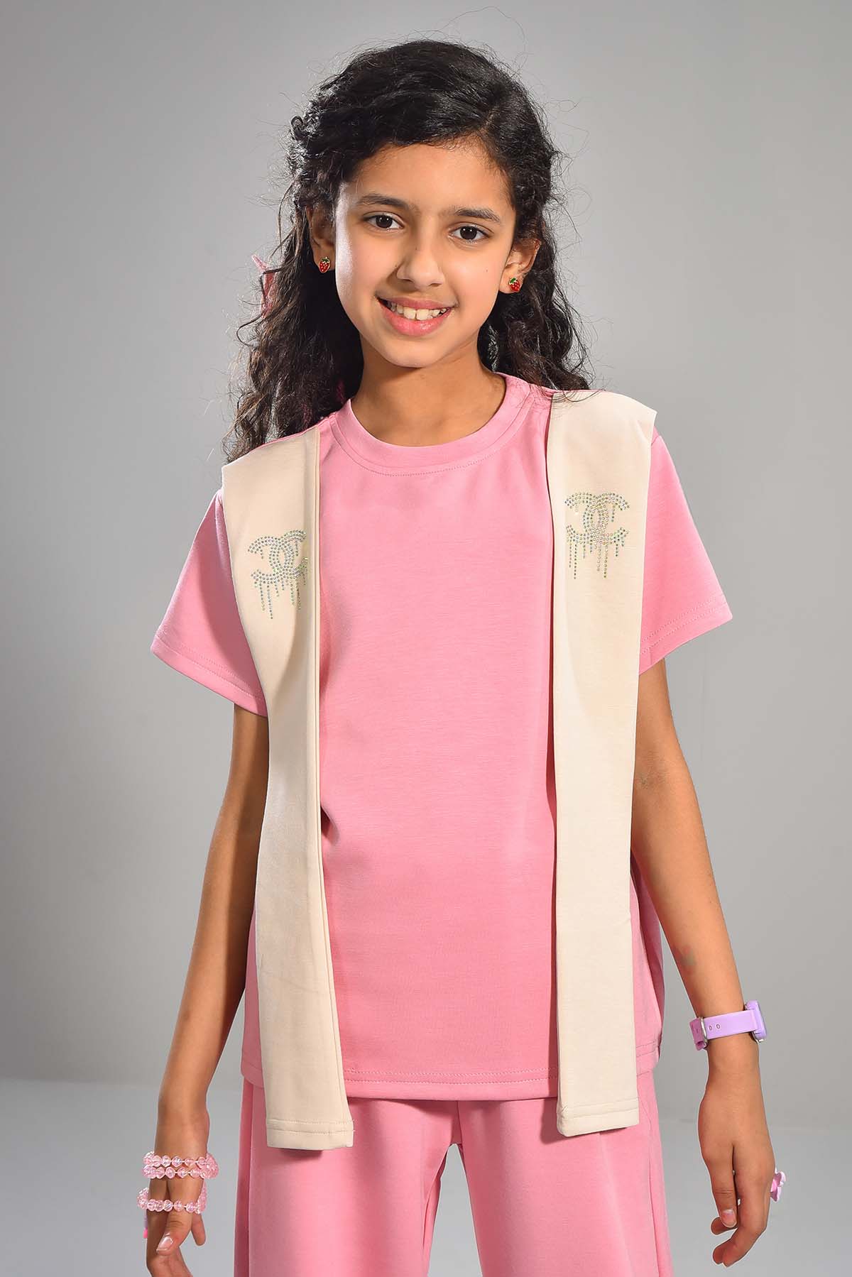 Girls Pink Co-ord Set with Beige Scarf