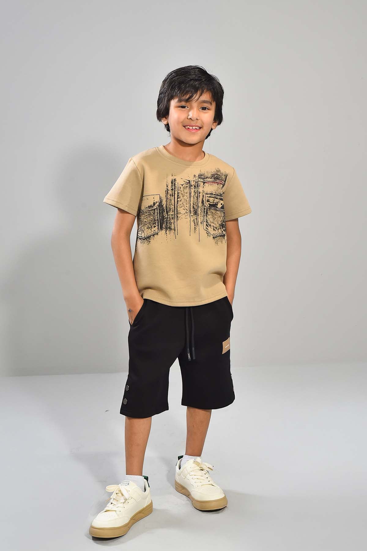 Boys Beige Tee & Black Shorts