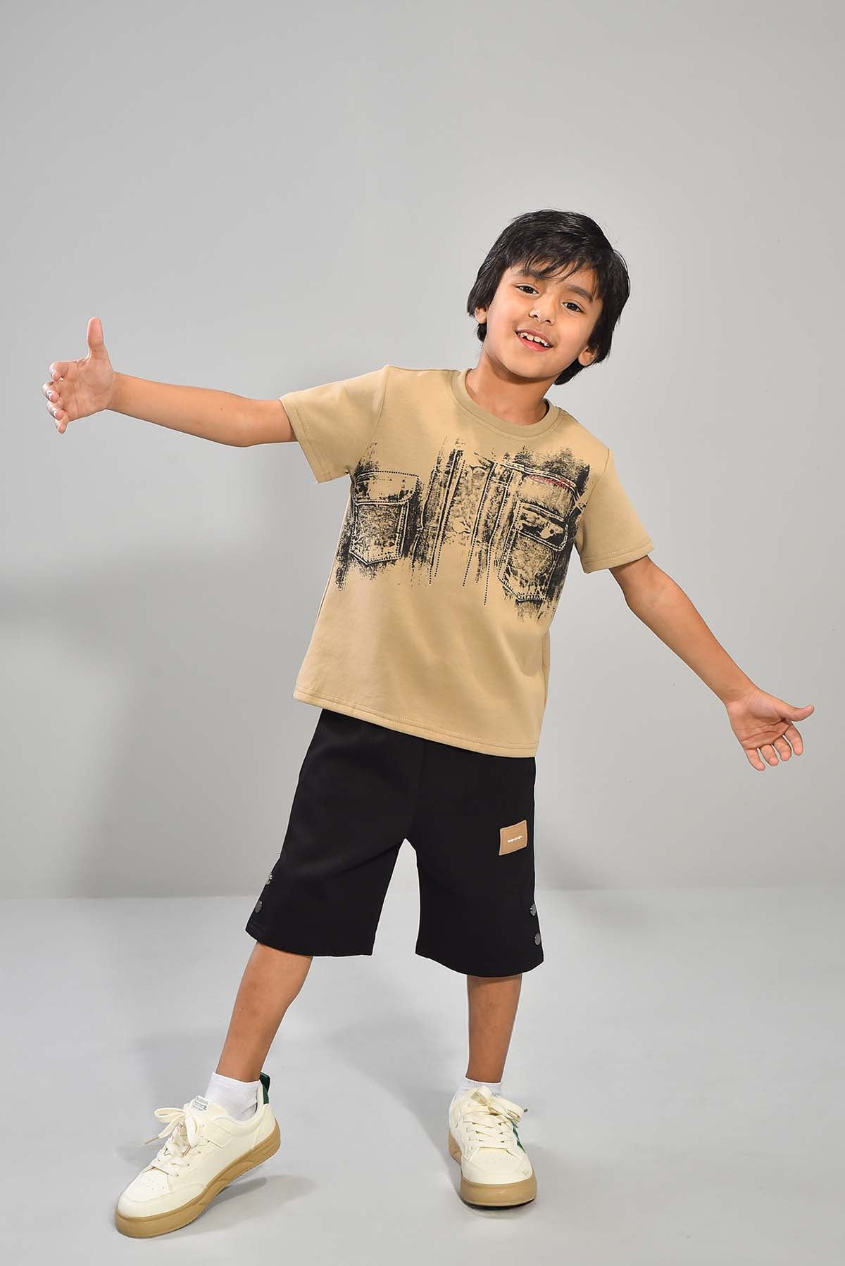Boys Beige Tee & Black Shorts