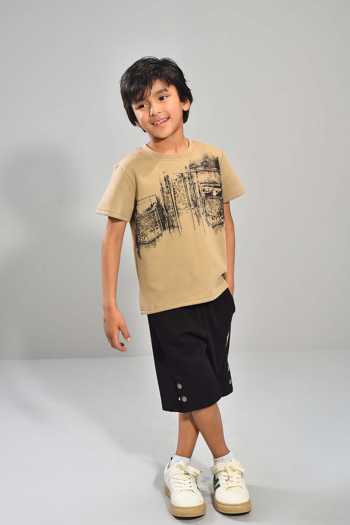 Boys Beige Tee & Black Shorts
