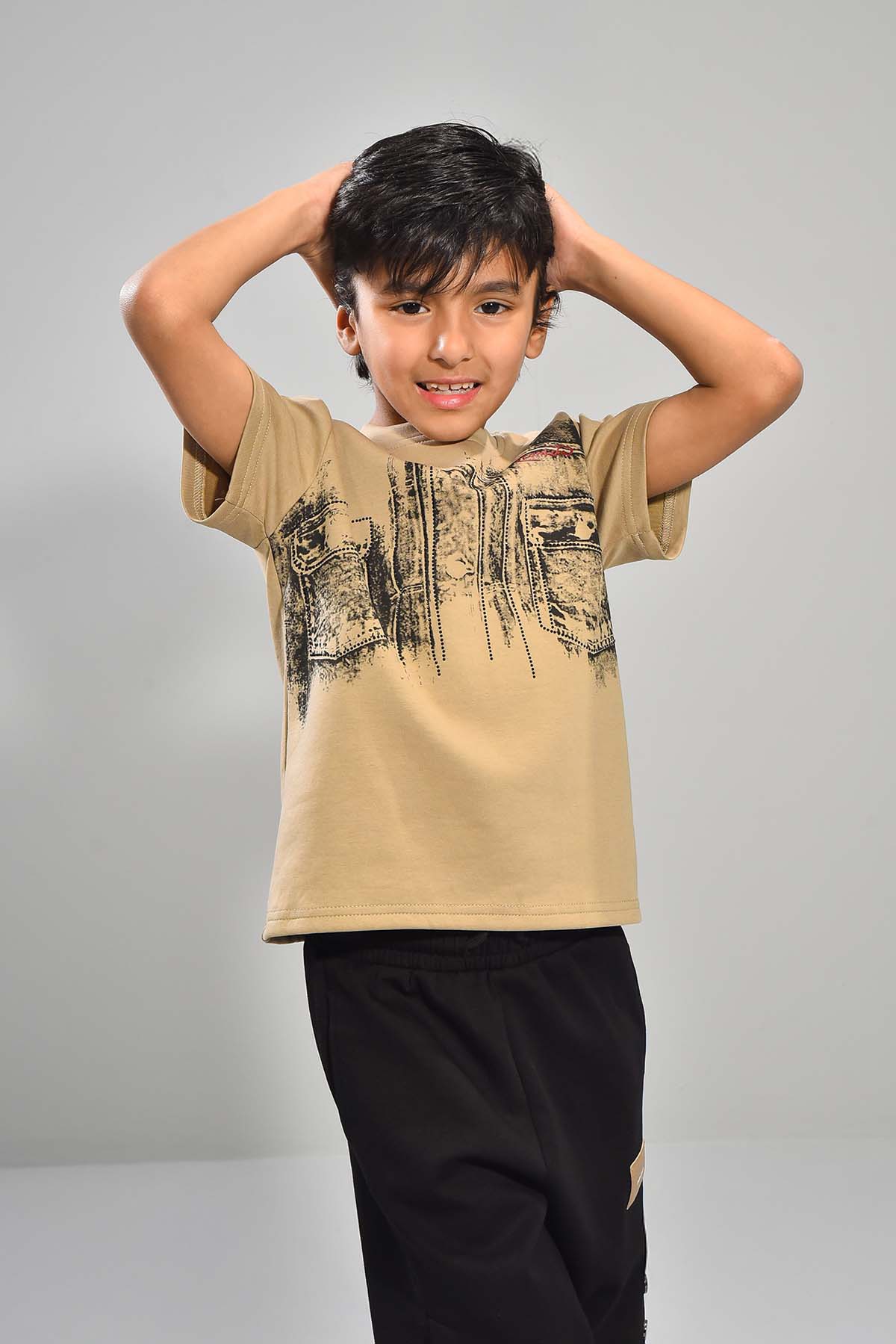 Boys Beige Tee & Black Shorts