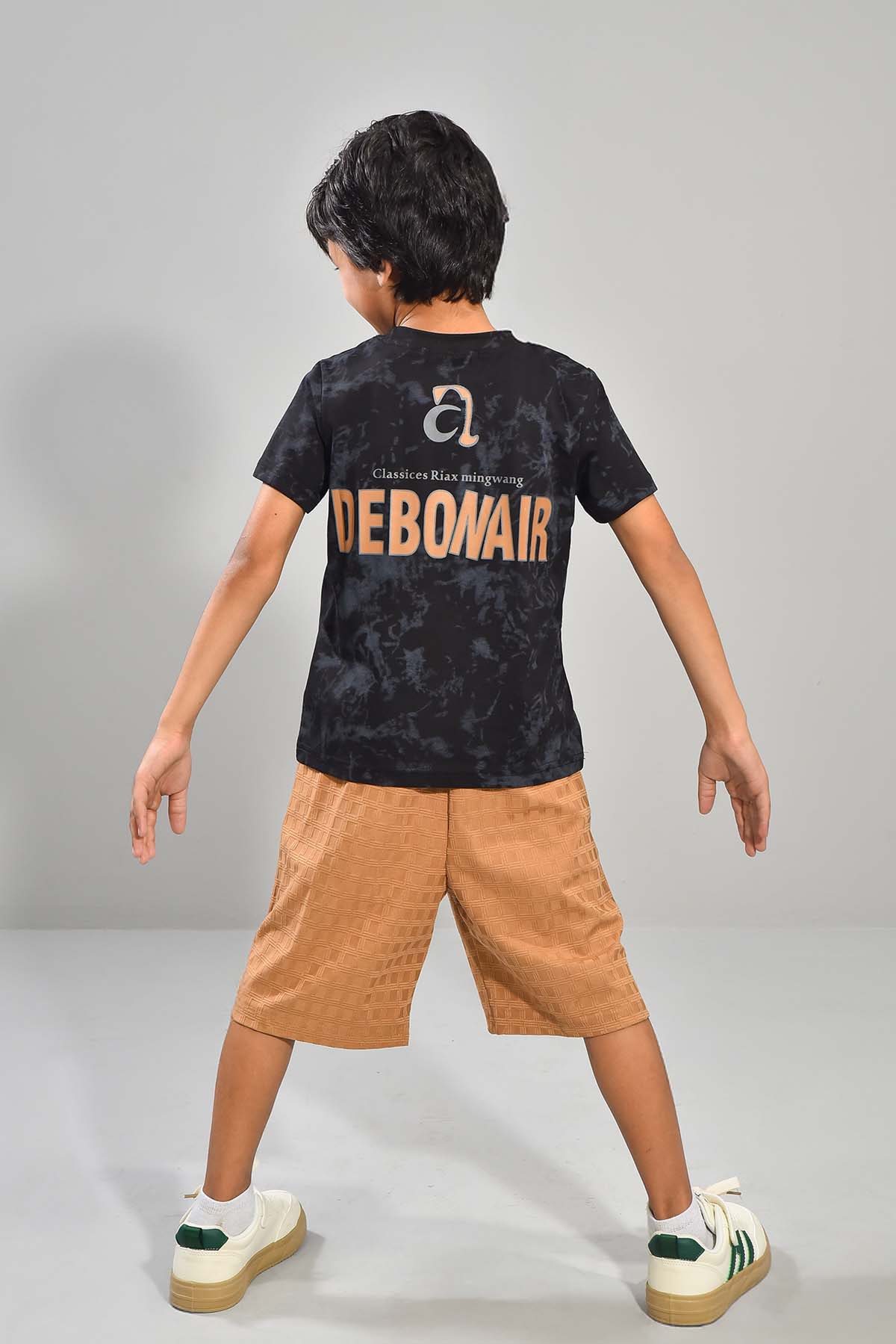 Boys Black Tee & Tan Shorts