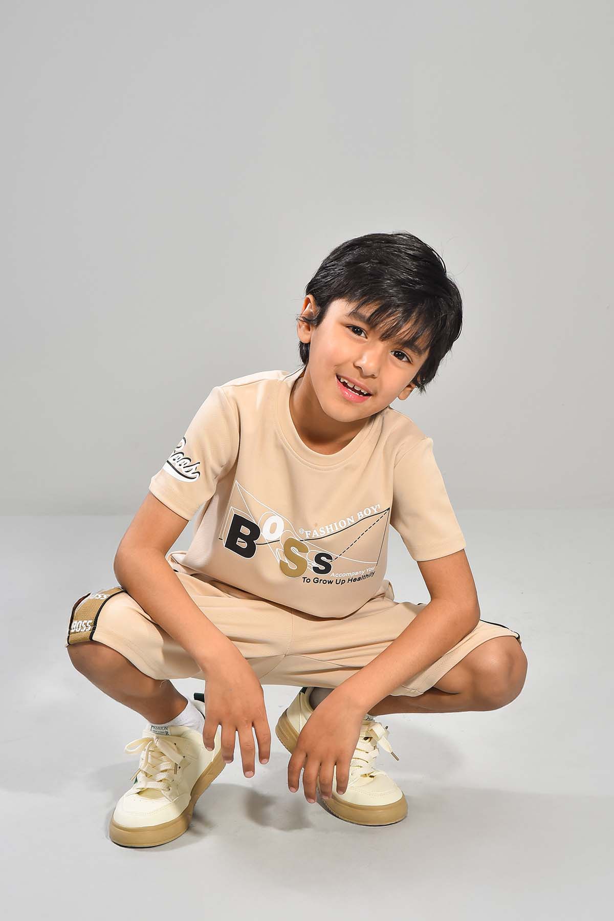Beige Boss Graphic Shirt and Shorts