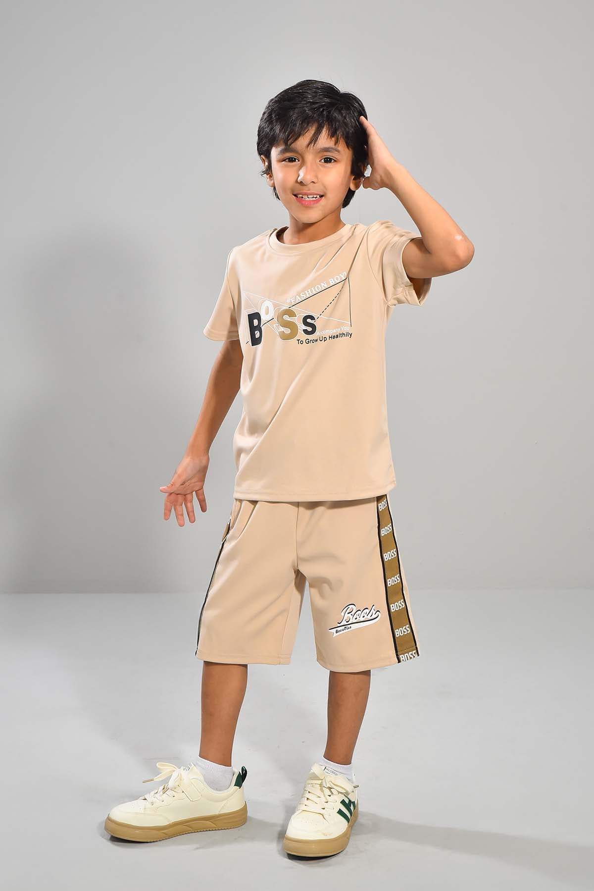 Beige Boss Graphic Shirt and Shorts