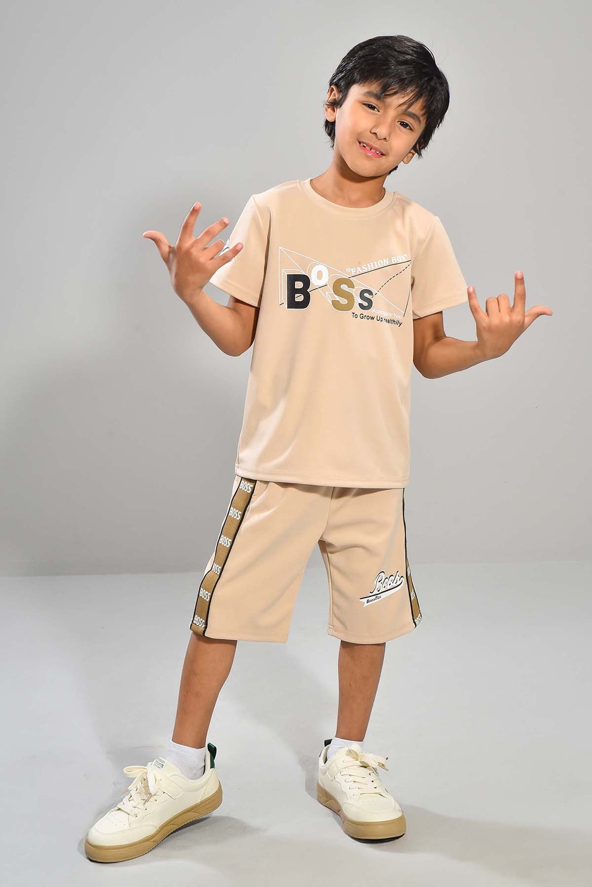 Beige Boss Graphic Shirt and Shorts