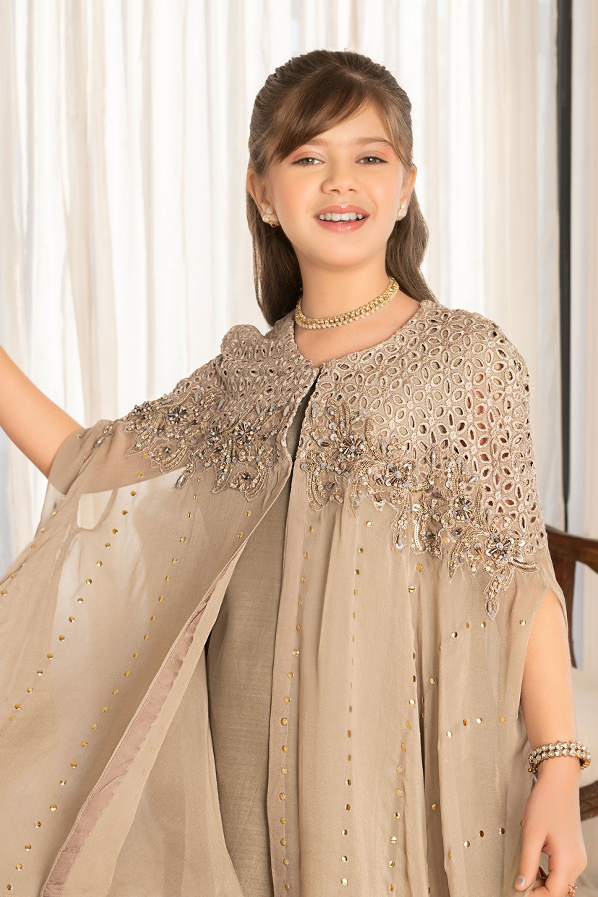 Kids' Embellished Taupe Cape Top & Trousers
