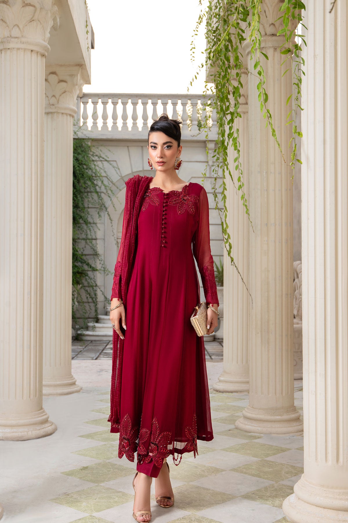 maroon embroidered dress Embroidered V-Neck Long Formal Dress