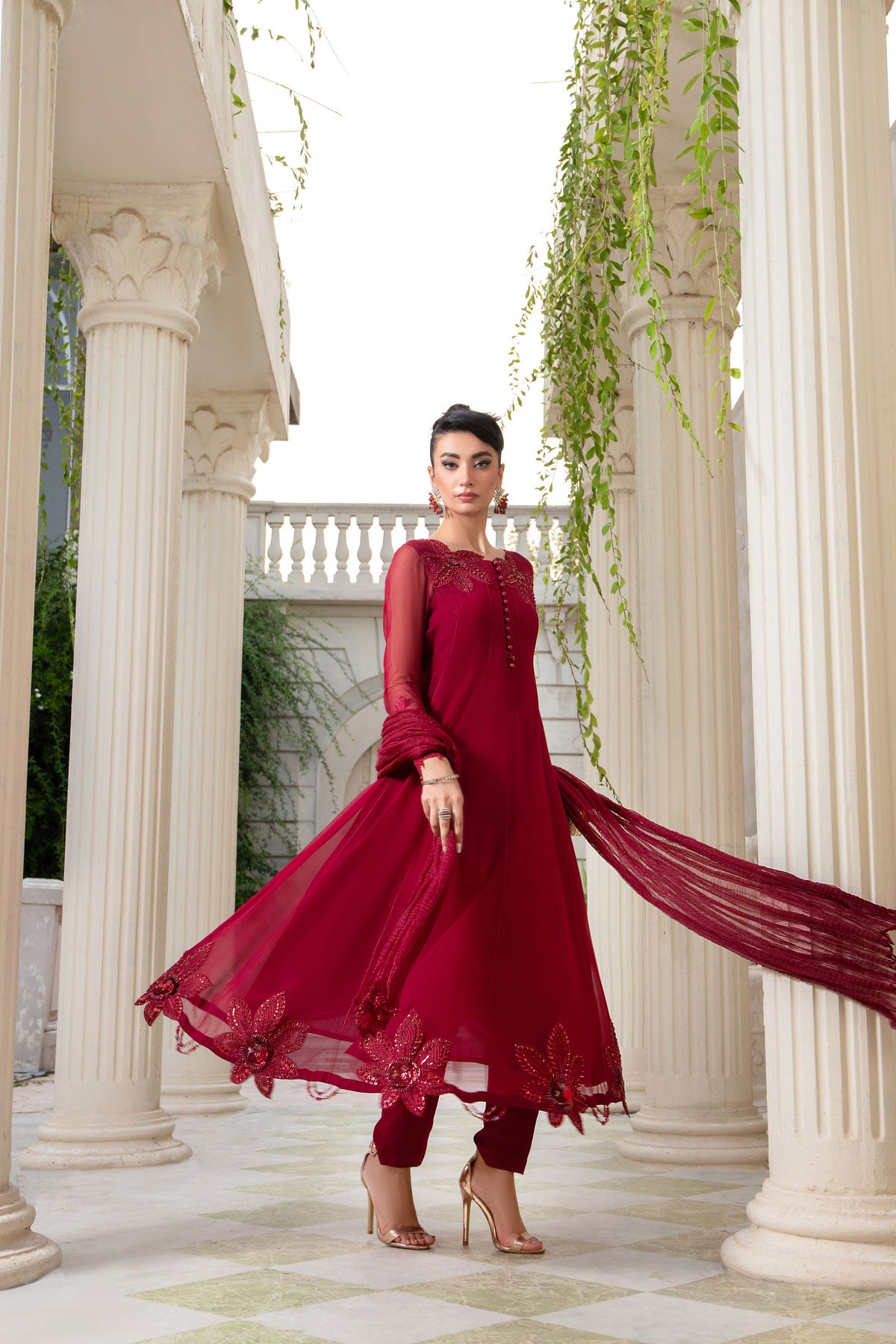 Elegant Maroon Embroidered Formal Dress
