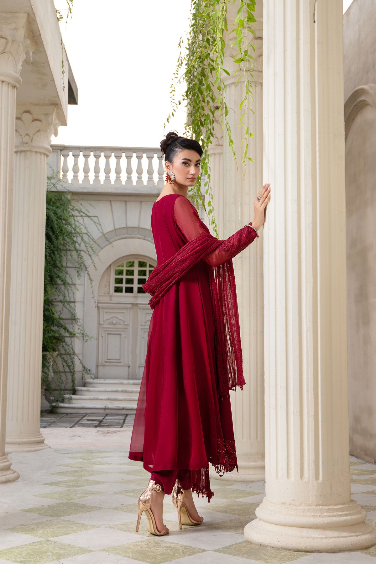 Elegant Maroon Embroidered Formal Dress