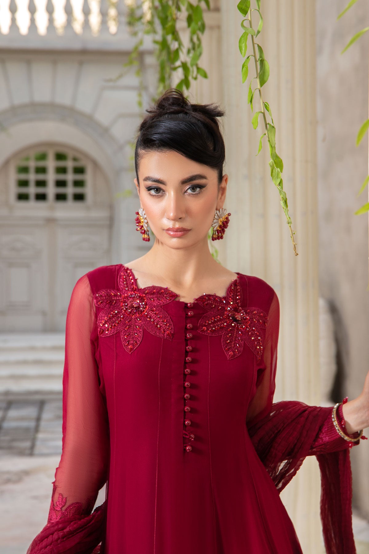 Elegant Maroon Embroidered Formal Dress