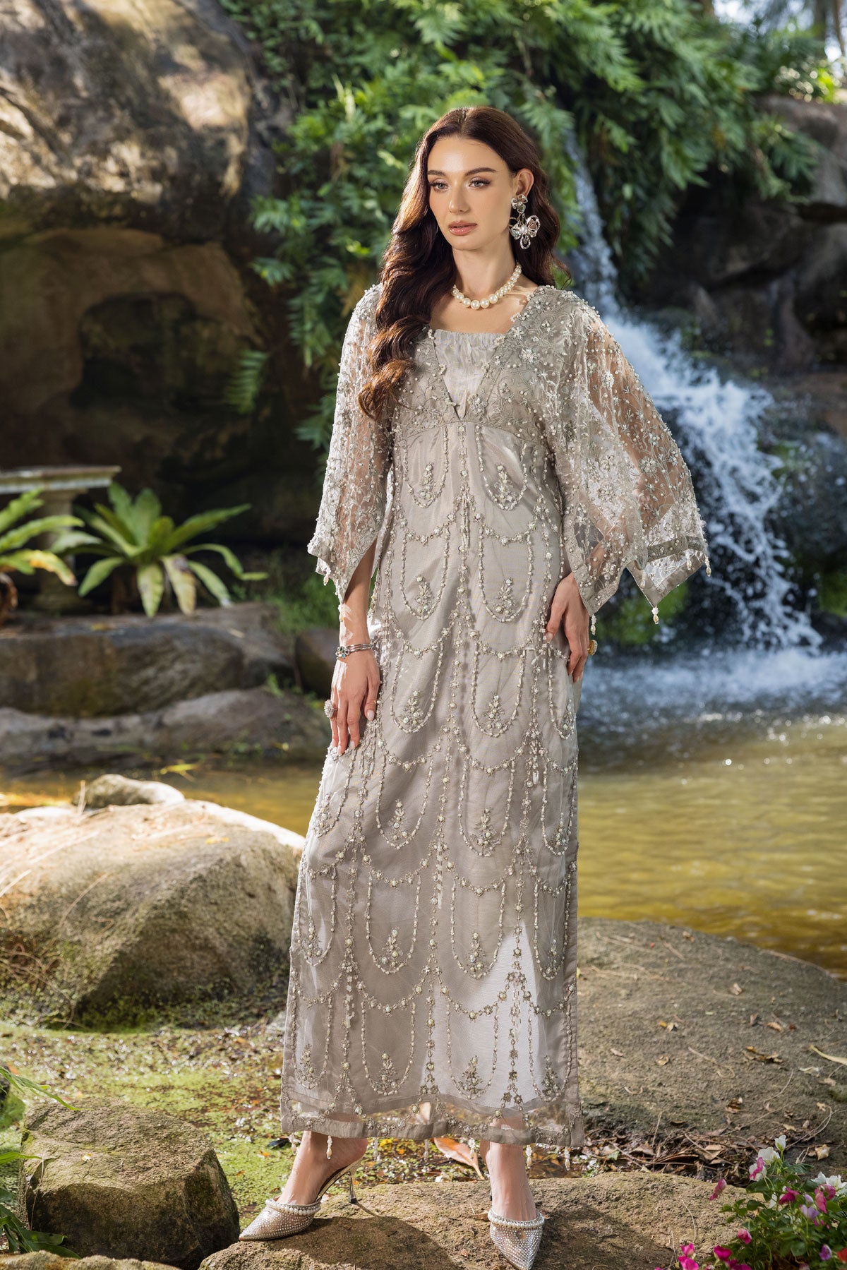 Dazzling Silver Grey Embellished Maxi Dress