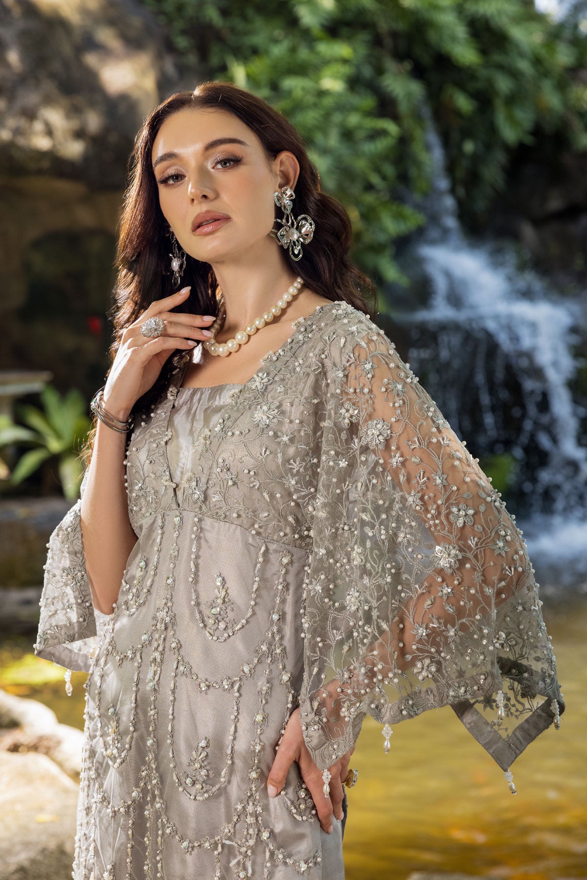 Dazzling Silver Grey Embellished Maxi Dress
