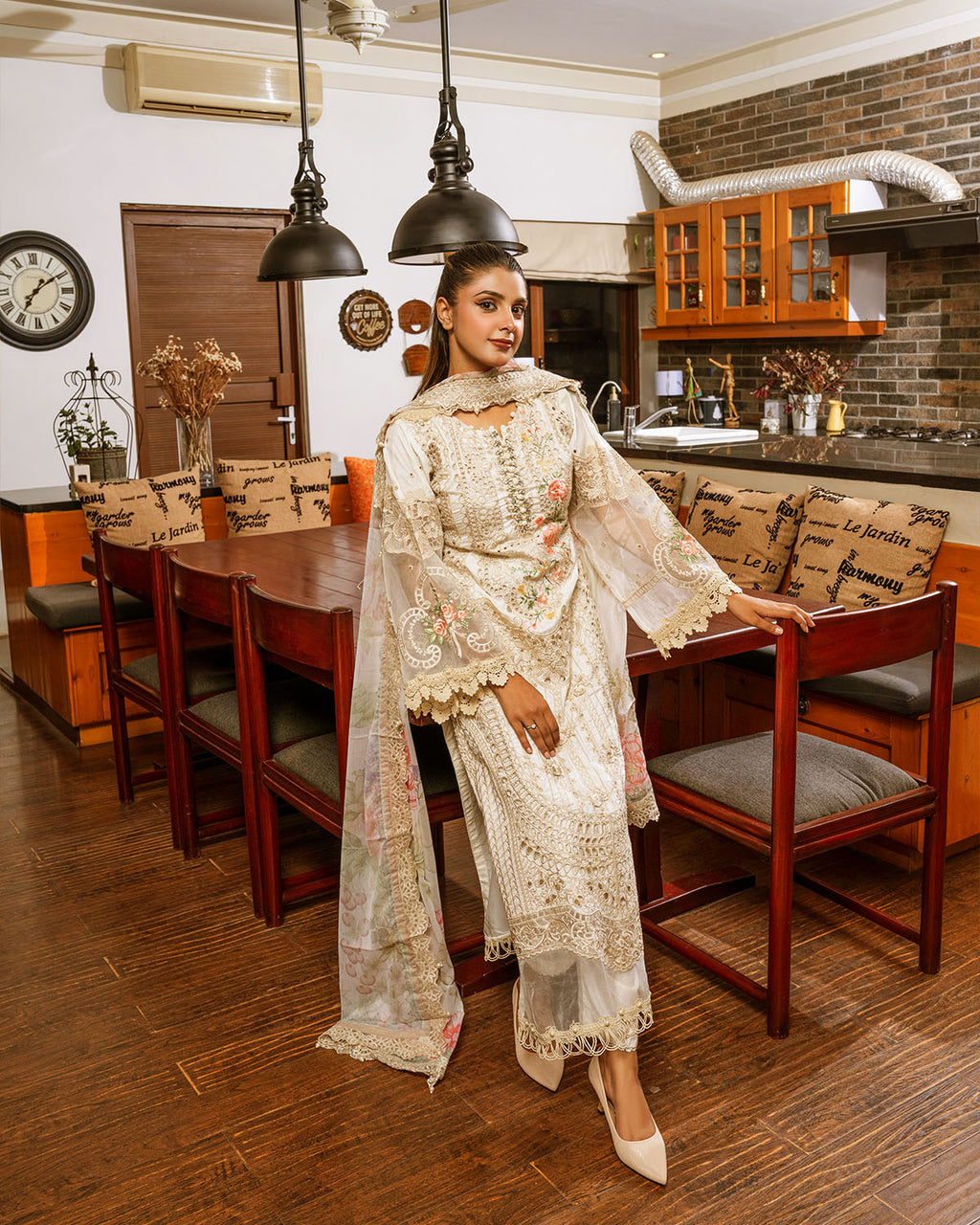 Elegant Cream Embroidered Suit with Chiffon Dupatta for Women