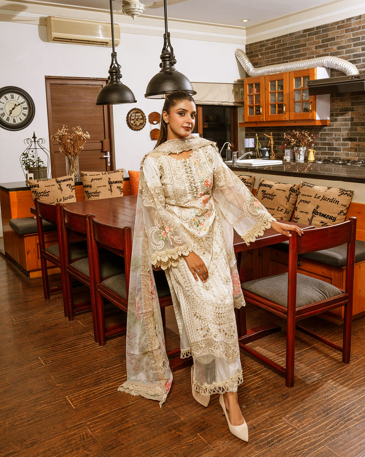 Elegant Cream Embroidered Suit with Chiffon Dupatta for Women