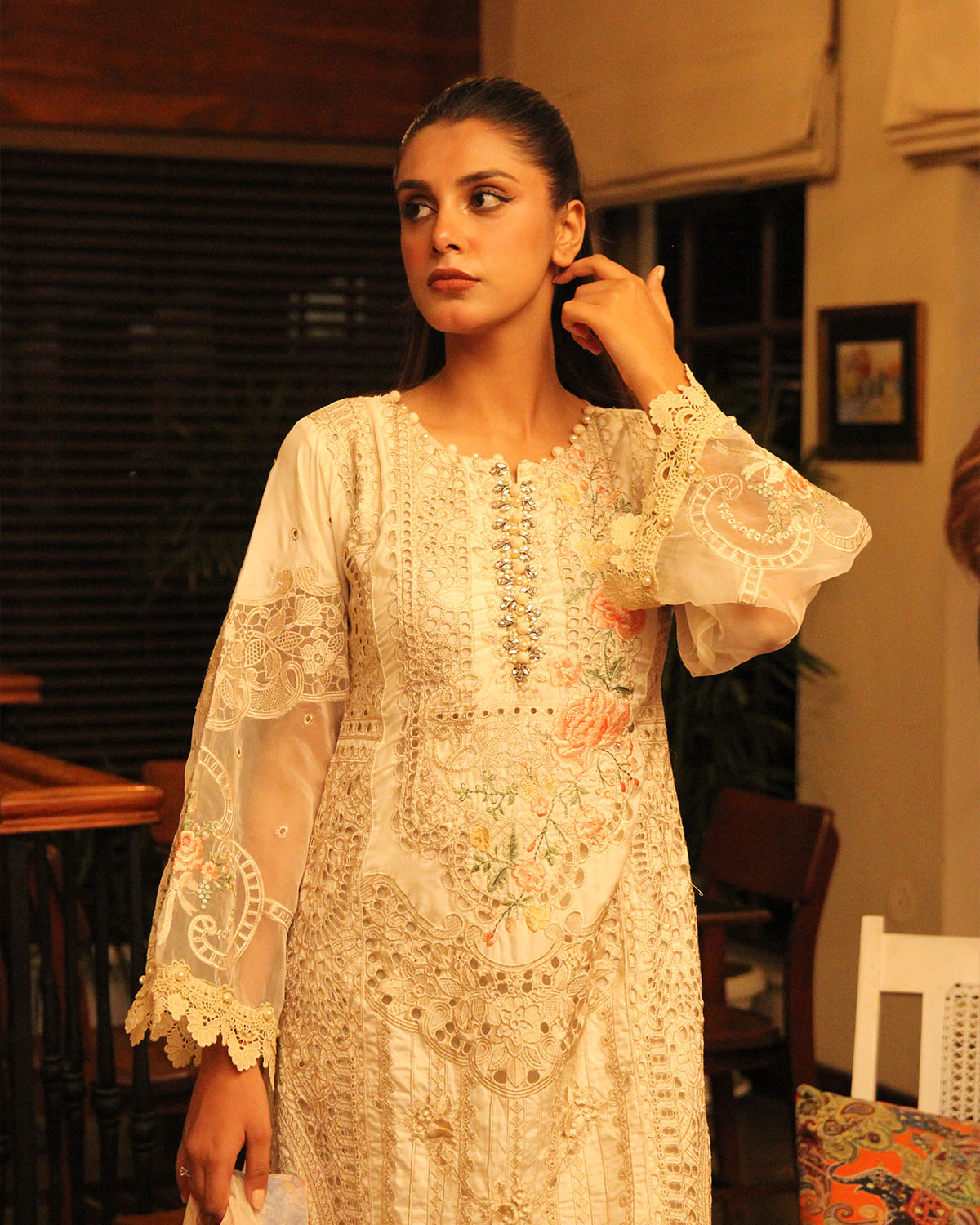 Elegant Cream Embroidered Suit with Chiffon Dupatta for Women
