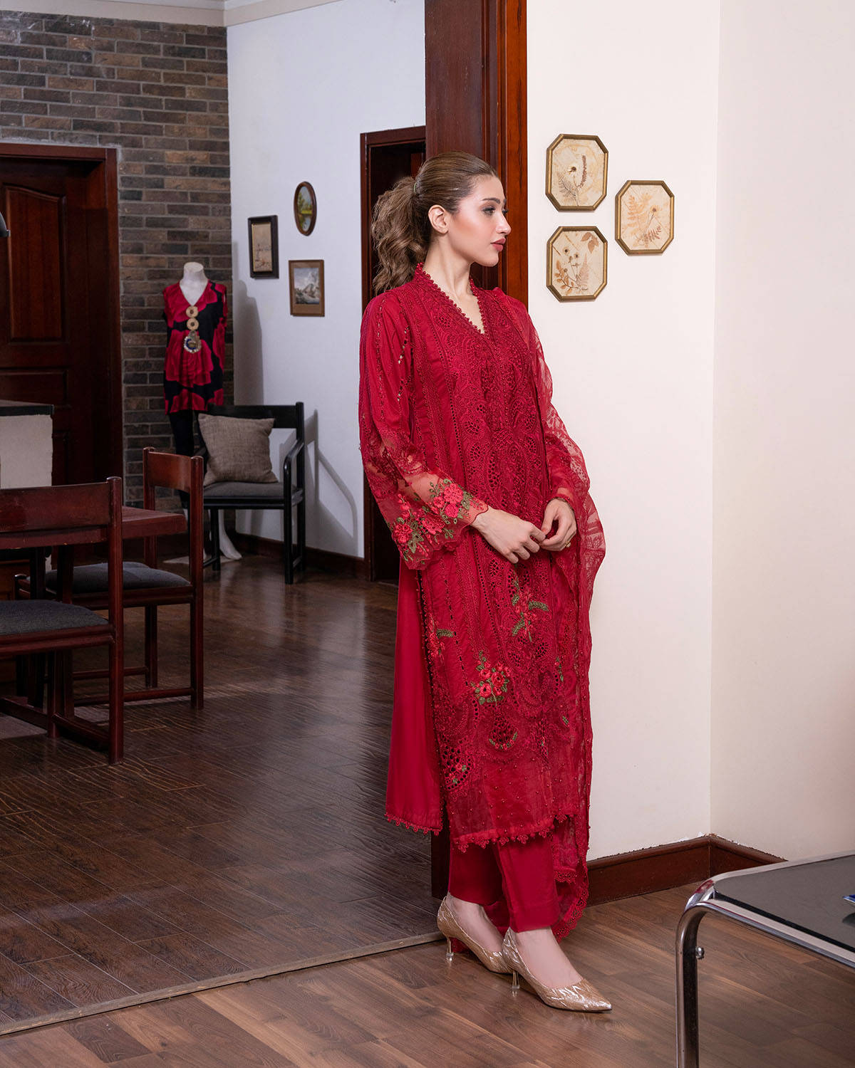 Women's Embroidered Formal Kurta Set – Deep Red