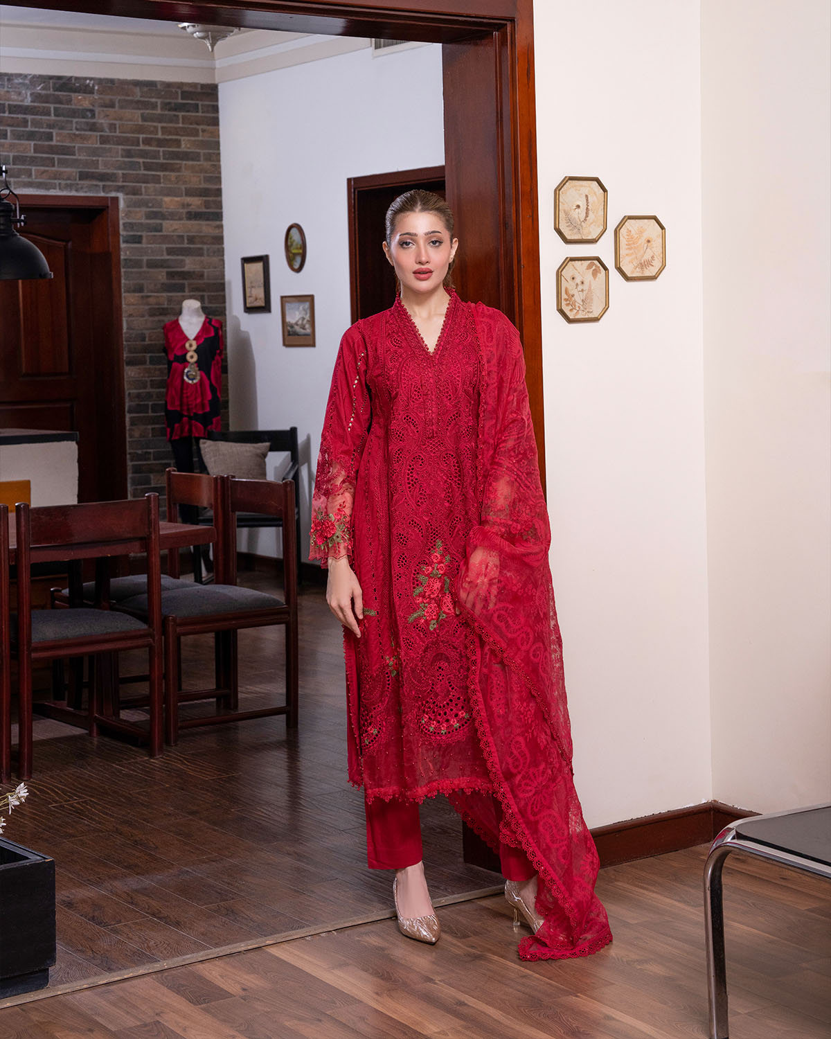 Women's Embroidered Formal Kurta Set – Deep Red