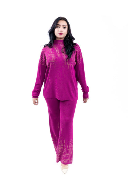 Women's Vibrant Magenta Knit Top and Pant Set with Gold Accent Detailing