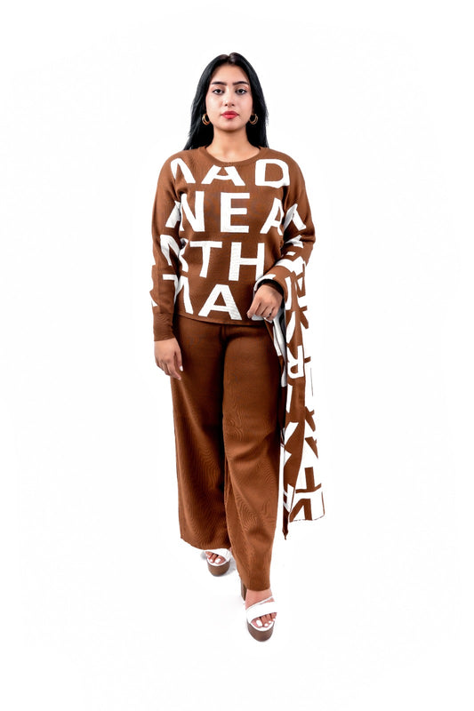 Women's Brown Graphic Sweatshirt, Pant, and Stylish Muffler Set