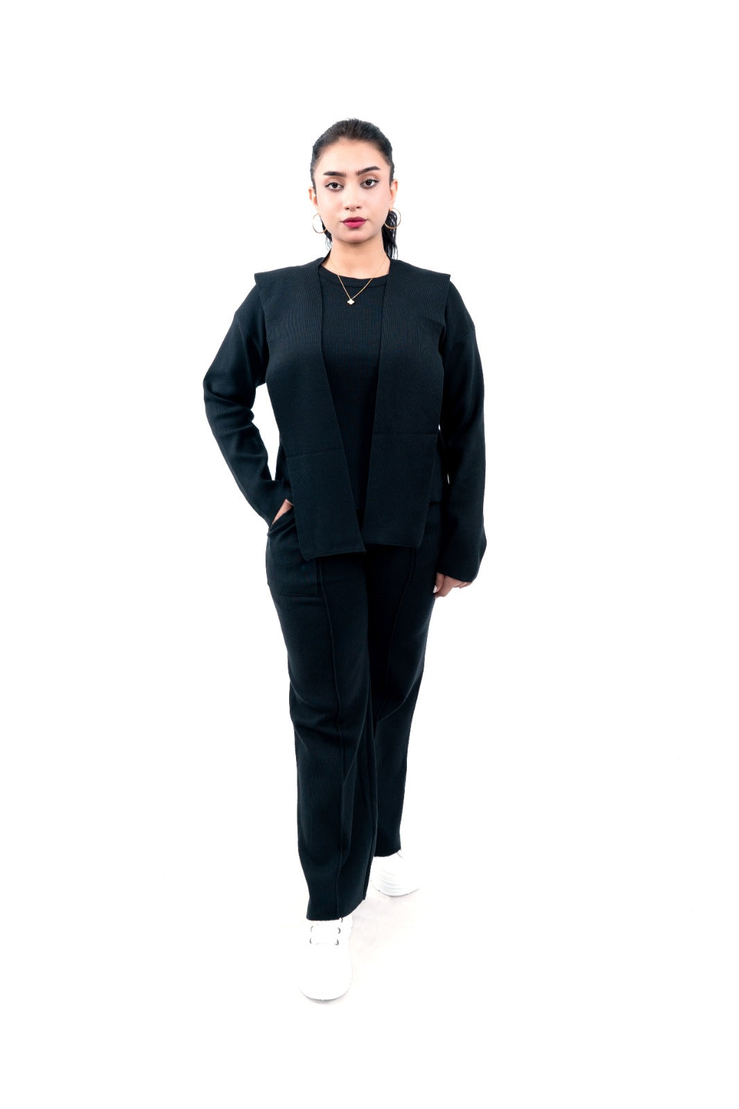 Women's All-Black Layered Vest, Top, and Pant Set