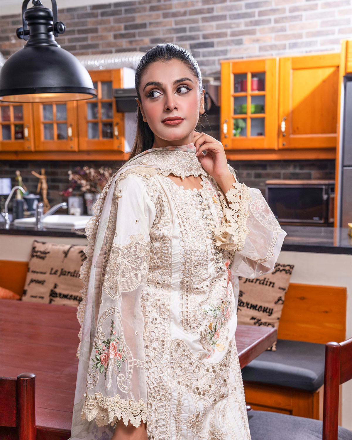 Elegant Cream Embroidered Suit with Chiffon Dupatta for Women