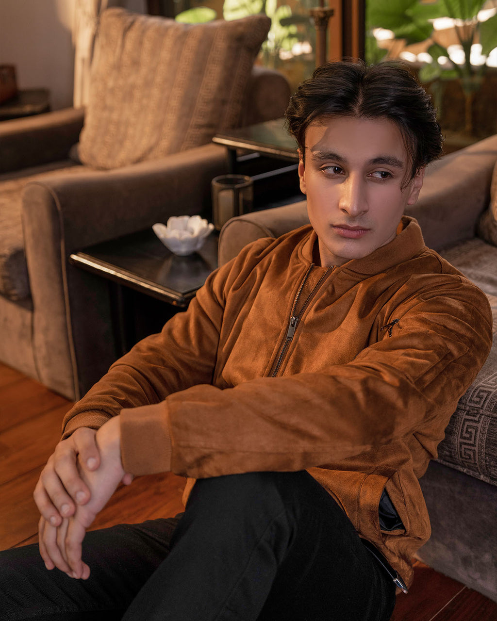 Men’s Classic Suede Bomber Jacket – Caramel Brown