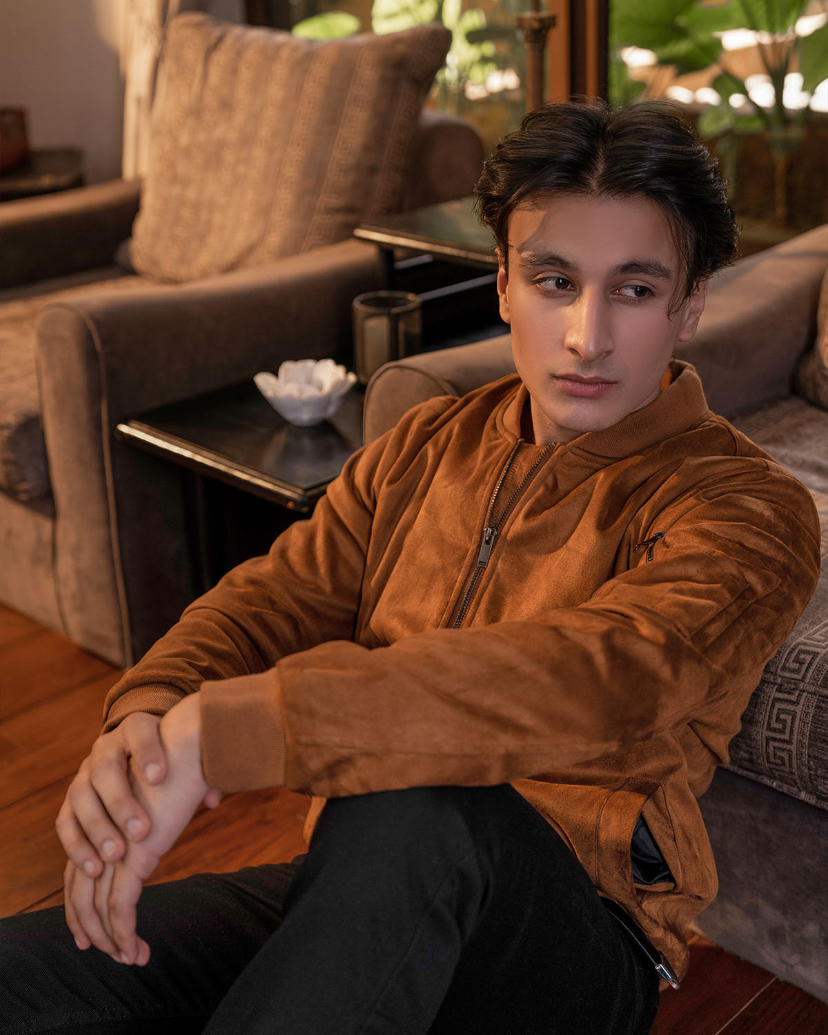 Men’s Classic Suede Bomber Jacket – Caramel Brown