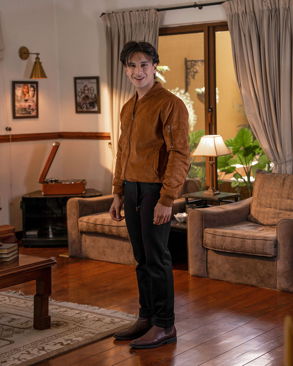 Men’s Classic Suede Bomber Jacket – Caramel Brown