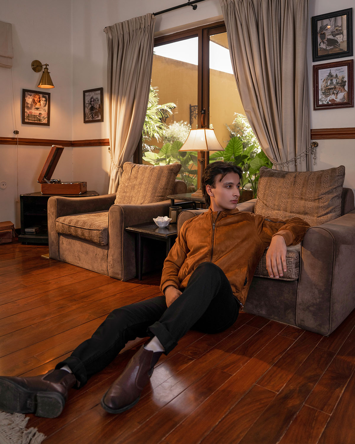 Men’s Classic Suede Bomber Jacket – Caramel Brown