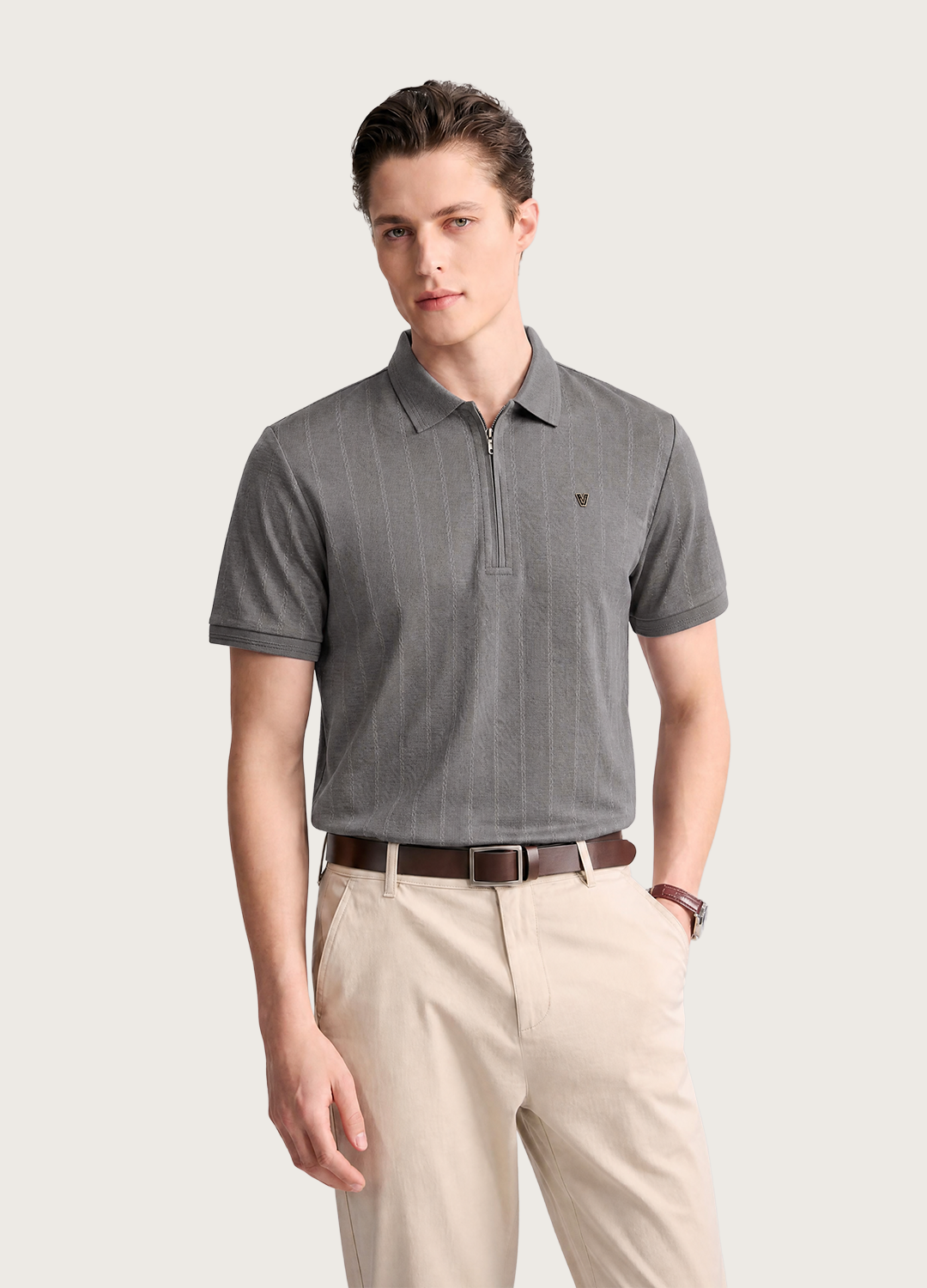 Grey Textured Zip Polo