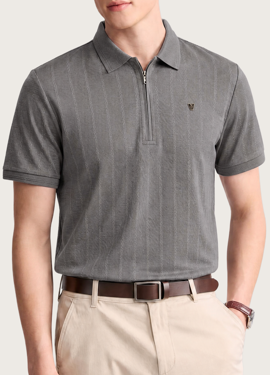 Grey Textured Zip Polo