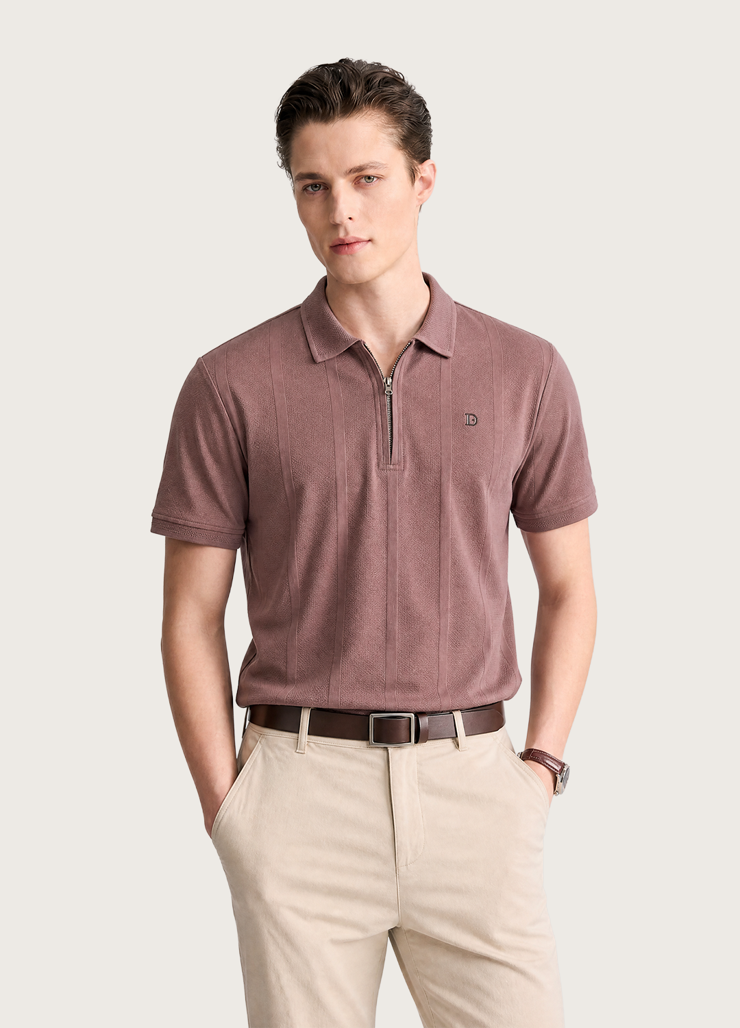 Line Textured Zip Polo