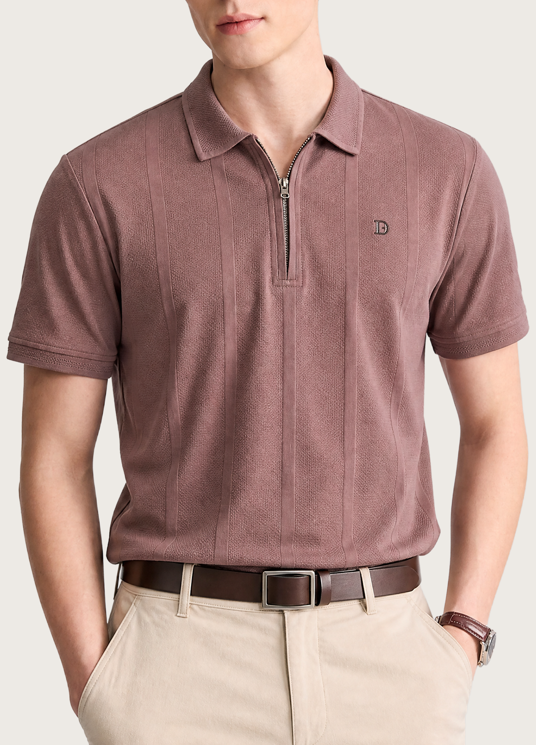 Line Textured Zip Polo