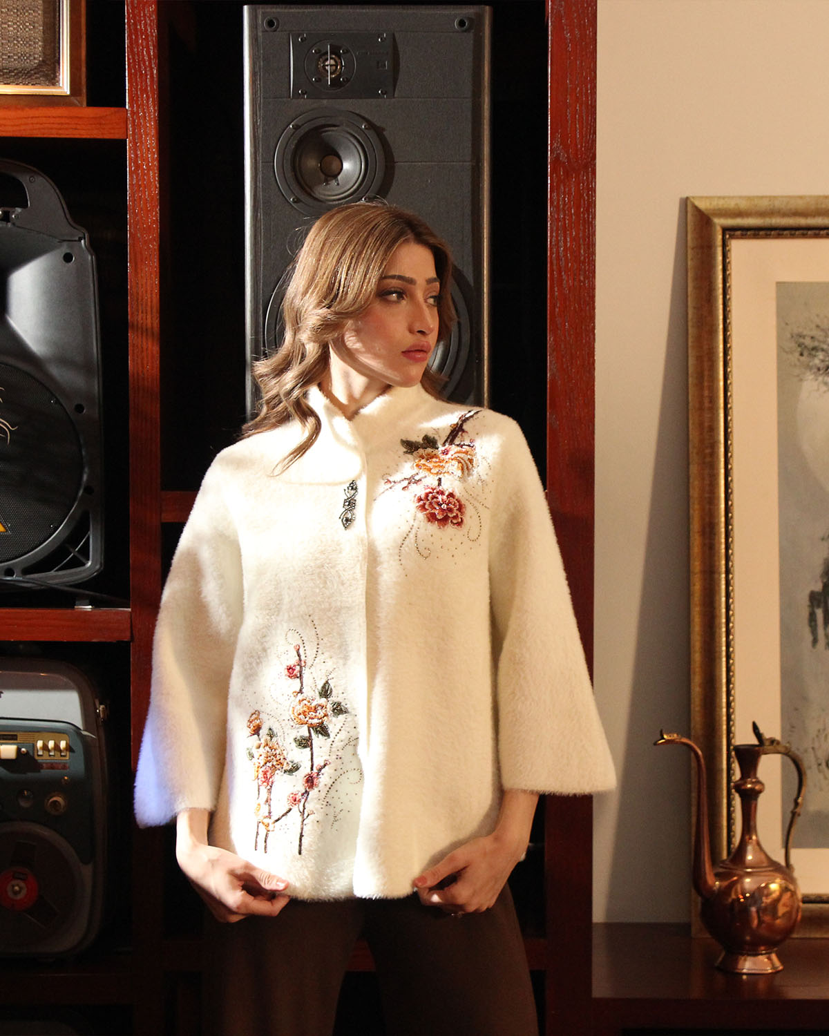 Luxury Floral Embellished Winter Top – Ivory White